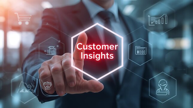 Customer Insights, surrounded by various business and marketing icons,analytics charts, shopping cart, target, handshake, and human profile. Representing customer analytics, digital marketing
