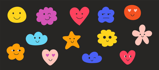 Face smile emoji doodle icon sticker set. Cute kid doodle hand drawn style funny face emoji smile, happy, sad sticker. Funny cartoon emoticon heart, star, flower shape.