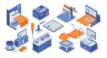 Isometric technology devices set featuring modern computing and engineering tools