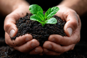 Hands holding soil with a fresh green seedling in a garden setting at noon