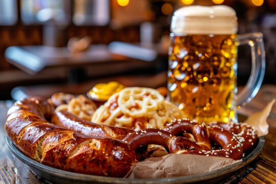 Delicious platter of pretzels and beer in a cozy setting