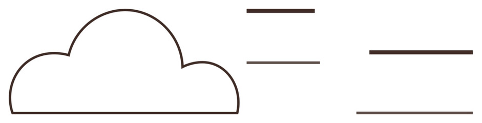 Cloud shape paired with horizontal lines, symbolizing connection, network, synchronization, technology. Ideal for digital concepts, cloud computing, data transfer, modern networks storage