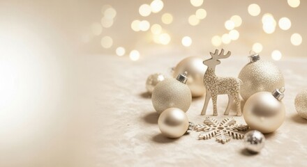 Christmas ornament with reindeer, snowflake, and decorative ball on a light background with bokeh. Holiday decoration for greeting card and banner design.