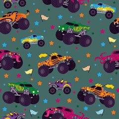 Colorful monster trucks seamless pattern. Cars participate in races. Quadbikes speed driving. Repeated print. Extreme show. Rally flags. Offroad motorsport racers. Vector background © VectorBum
