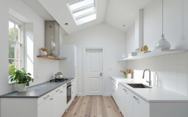 Fototapeta premium Modern kitchen with white decor and skylights, featuring sleek appliances and greenery.