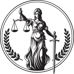 A classical black and white illustration of a blindfolded Lady Justice holding scales and a sword framed by a circular laurel wreath emblem.