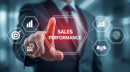 SALES PERFORMANCE. symbolizing business growth and analytics. Icons such as a target, pie chart, bar graph, magnifying glass, and handshake, representing success metrics and performance tracking.