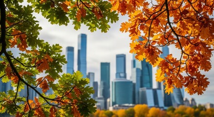 Autumn Oak Leaves Framing a City Skyline