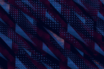 Seamless geometric pattern with diagonal triangles, dots, stripes in dark blue and red. Geometrical sporty design for streetwear apparel, gaming, digital backgrounds