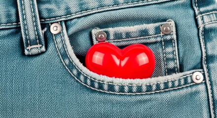 Bright Red Heart Inside a Blue Denim Pocket