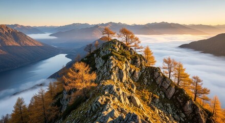 Golden Larch Trees on Mountain Ridge with Fog