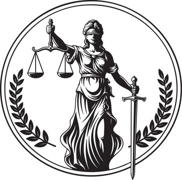 A classical black and white illustration of a blindfolded Lady Justice holding scales and a sword framed by a circular laurel wreath emblem.