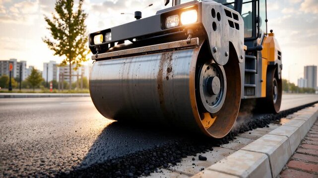close-up of asphalt roller flattening freshly paved road at sunrise