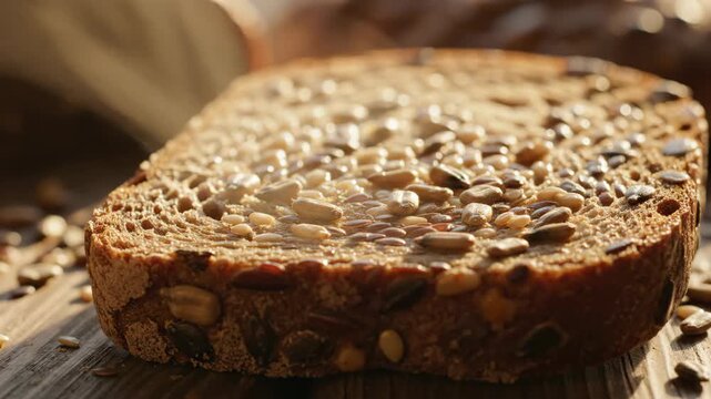 Delicious Seeds Bread Slices Displayed on Wooden Table, Culinary and Baking Concept