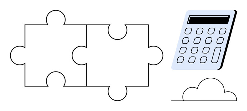 Puzzle pieces signifying collaboration, calculator for calculations, and a cloud representing cloud computing. Ideal for teamwork, problem-solving, data analysis, finance, innovation, connectivity