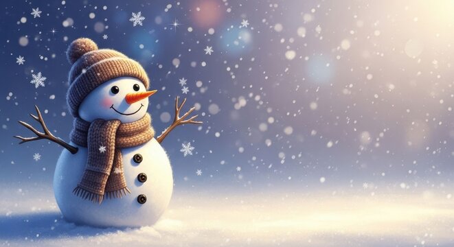 Happy snowman in winter wonderland with falling snowflakes and copy space. Christmas and New Year holiday greeting card concept.
