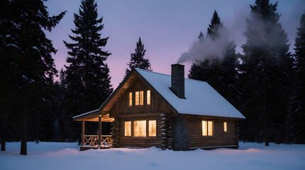 Cozy Wooden Cabin in Snowy Winter Landscape