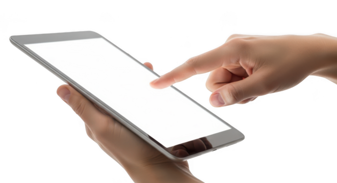 Hand touching a tablet computer screen isolated on transparent background