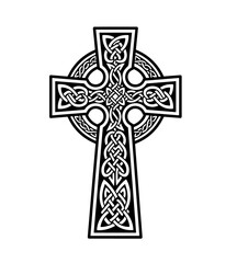 A striking black and white design of a Celtic cross, where every part, including the central nimbus, is intricately filled with seamless, interwoven knotwork patterns
