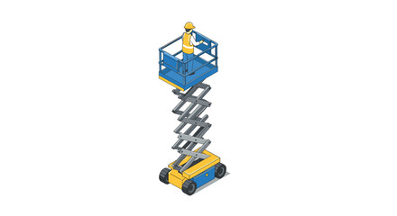 Isometric construction lift with worker in safety gear on scissor lift platform