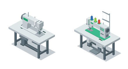 Modern isometric sewing machines on tables for industrial design concepts