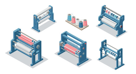 Fototapeta premium Isometric industrial textile machines collection for manufacturing and production