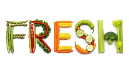 Photo of several vegetables forming the word fresh on a white background