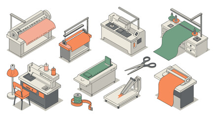 Industrial sewing equipment set featuring isometric machines and tools for textile production