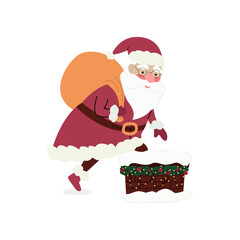 A Christmas illustration of Santa Claus. Father Christmas is climbing up a rooftop chimney and holding a sack. The character design is set against a white background.