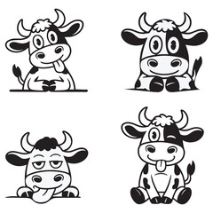 Funny Cow eps Bundle .A cool and stylish black and white illustration of a highland cow wearing sunglasses and a chain.