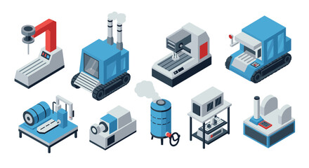 Isometric industrial machinery collection: diverse factory equipment set