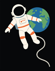Obraz premium A stylized astronaut in a white suit with orange accents floats in the vast blackness of space, tethered to an unseen point, with a vibrant Earth visible behind them.