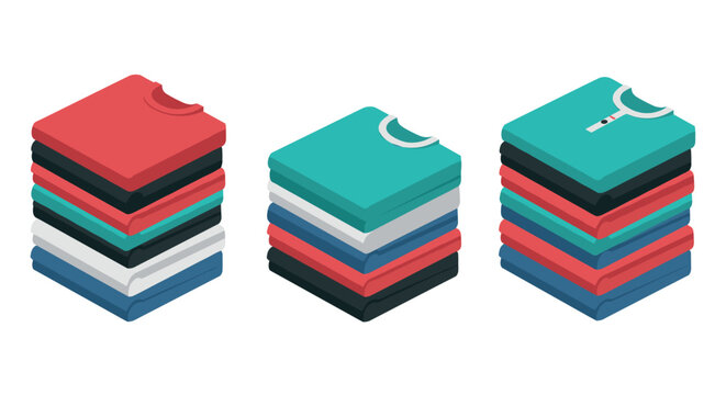 Stacked t-shirts in isometric style with various colors and designs on white background