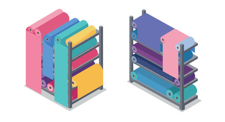 Colorful fabric rolls on shelves in isometric design for textile industry