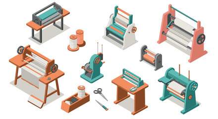 Isometric retro sewing machines and equipment set in pastel colors