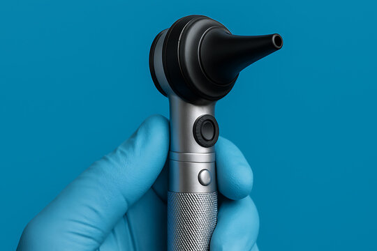 A medical professional's hand in a blue glove holding a metal otoscope for an ear examination against a blue background.