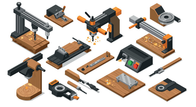 Isometric woodworking tools workshop with detailed equipment and accessories