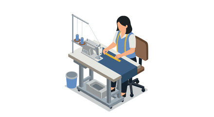 Seamstress sewing clothes in isometric design at workstation