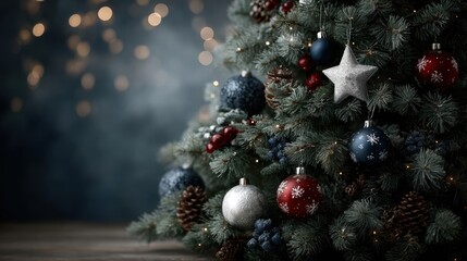 Christmas tree set against a dark blue bokeh background