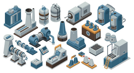 Industrial manufacturing equipment set in isometric style for factory design projects