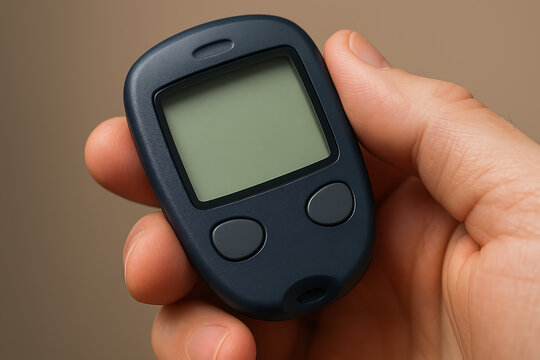 A close-up shot of a person's hand holding a small, dark gray digital glucose meter. - Powered by Adobe