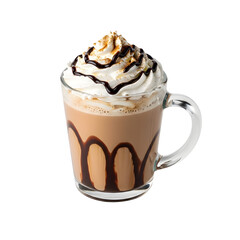 Delicious iced coffee with whipped cream and chocolate drizzle isolated on transparent background