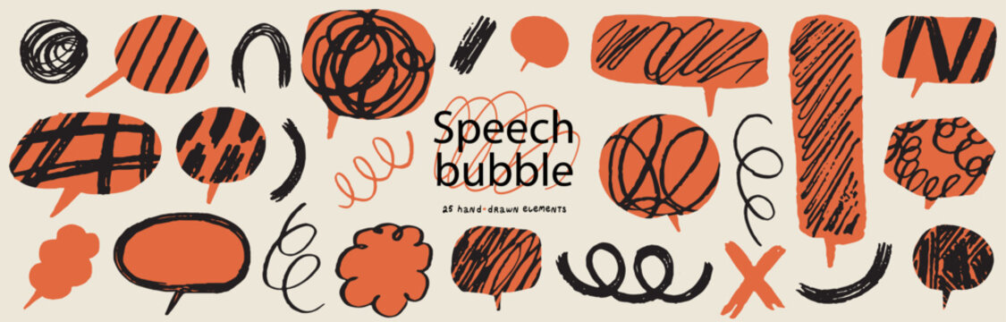 Childish crayon drawn scrapbook speech bubble stickers. Scribble and doodle paper stickers for hand drawn notes, collages and social media design. Rippled paper dialogue or conversation clouds, shapes