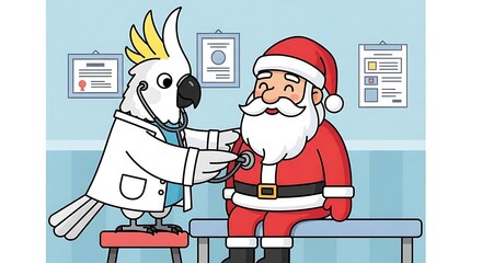 Animated image of Santa Claus getting a check-up from a parrot doctor in a medical room. The bird wears a lab coat and uses a stethoscope