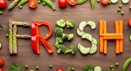 Studio photo of all types of vegetables forming the word fresh on a brown wooden background