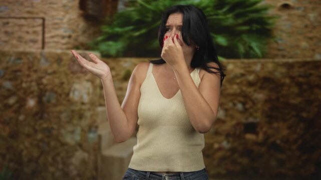 Woman pinches nose with one hand and holds palm out beside rustic stone wall on sunlit street; disgust.