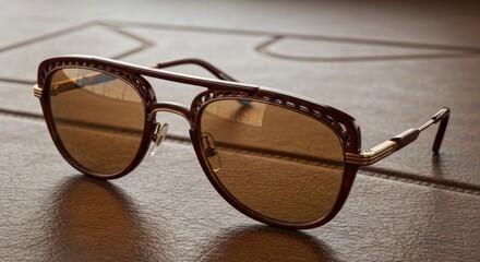 Close-up of brown aviator sunglasses resting on a rich brown leather surface