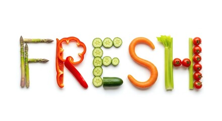Photo of several vegetables forming the word fresh on a white background