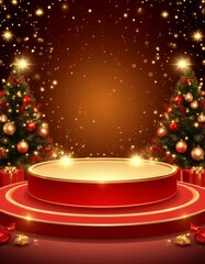 Round marketplace product card podium standing in front of two decorated christmas trees with sparkling lights, creating a festive background for seasonal displays and winter celebrations