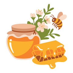 Sweet honey pot with honeycomb and bee surrounded by flowers